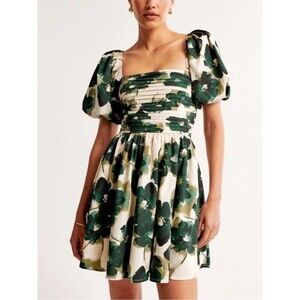 Abercrombie & Fitch Green Watercolor Emerson Poplin Puff Sleeve Mini Dress Small